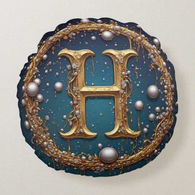 Golden Monogram Initial Letter H Round Pillow (Front)
