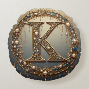 Golden Monogram Initial Letter K Round Pillow