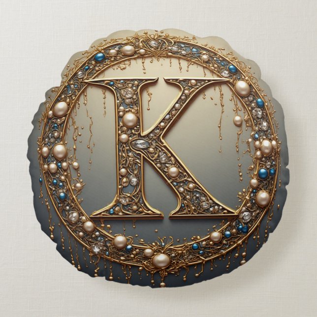 Golden Monogram Initial Letter K Round Pillow (Front)