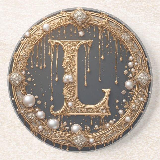 Golden Monogram Initial Letter L Coaster (Front)