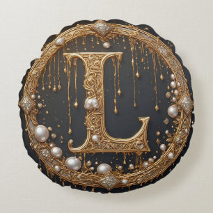 Golden Monogram Initial Letter L Round Pillow