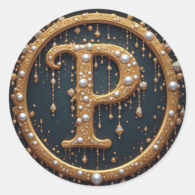 Golden Monogram Initial Letter P Classic Round Sticker (Front)