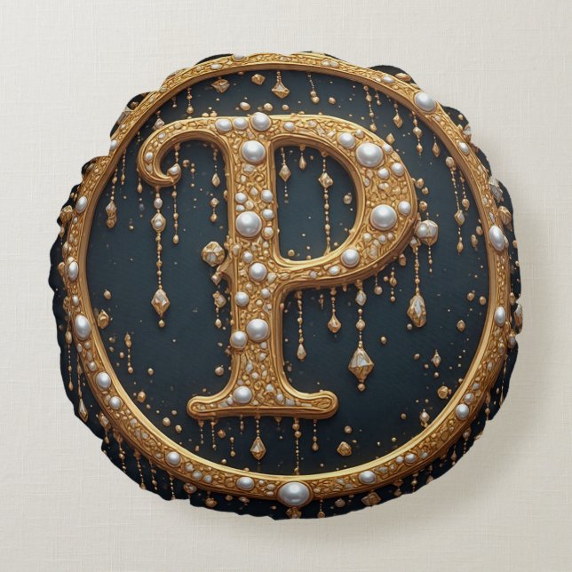 Golden Monogram Initial Letter P Round Pillow (Front)