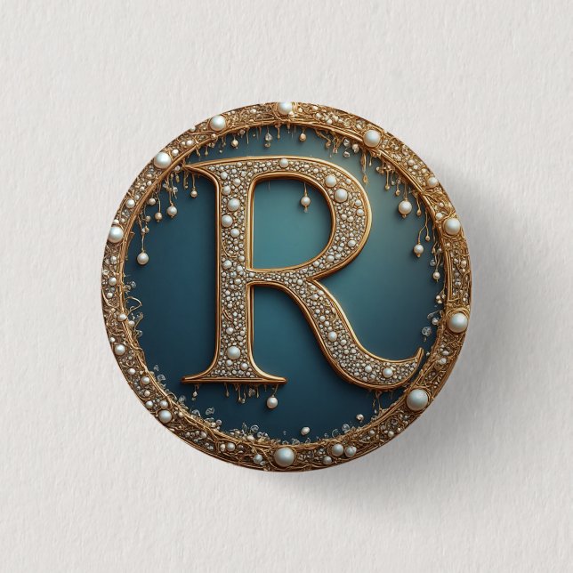 Golden Monogram Initial Letter R 1 Inch Round Button (Front)