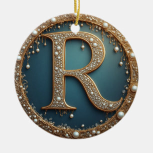 Golden Monogram Initial Letter R Ceramic Ornament