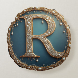 Golden Monogram Initial Letter R Round Pillow
