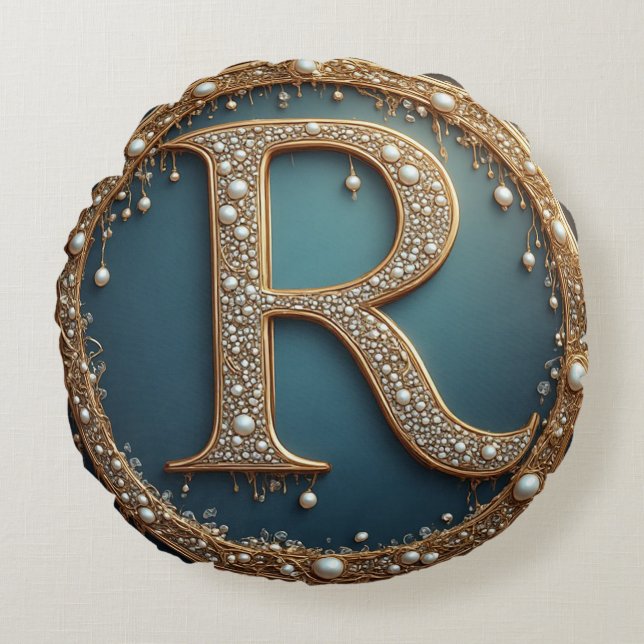 Golden Monogram Initial Letter R Round Pillow (Front)