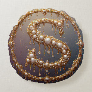 Golden Monogram Initial Letter S Round Pillow