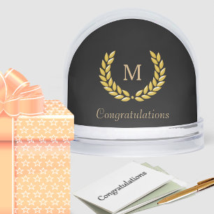 Golden Monogram & Laurel Wreath on Black Snowglobe