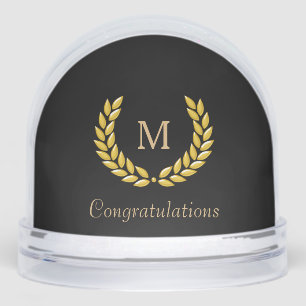 Golden Monogram & Laurel Wreath on Black Snowglobe