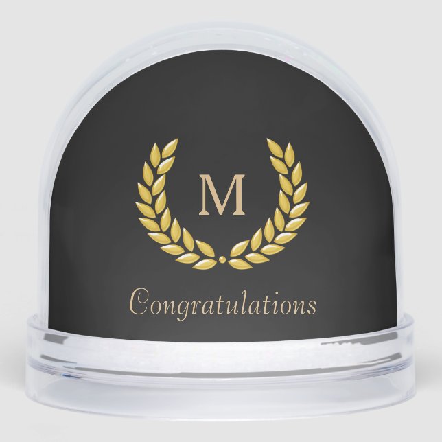 Golden Monogram & Laurel Wreath on Black Snowglobe (Front)