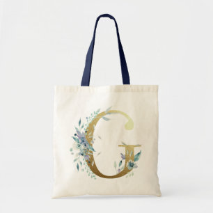 Golden Monogram Letter G Blue Watercolor Flowers Tote Bag
