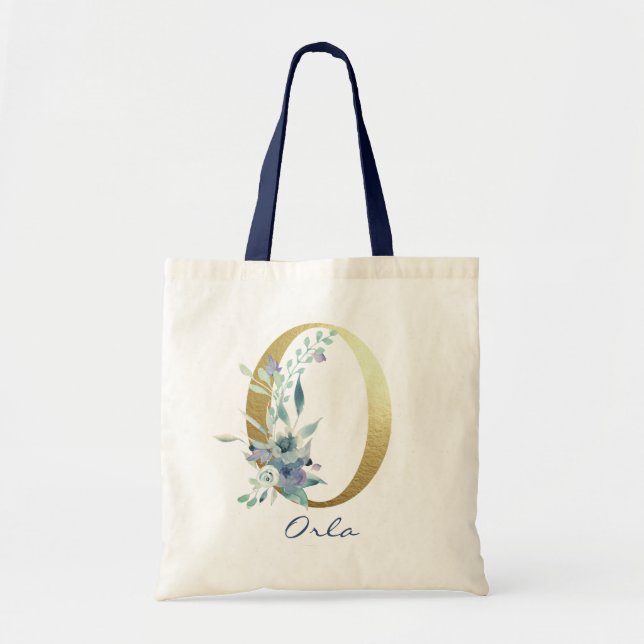 Golden Monogram Letter O Blue Name Floral Decor Tote Bag (Front)