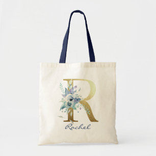 Golden Monogram Letter R Blue Name Floral Decor Tote Bag