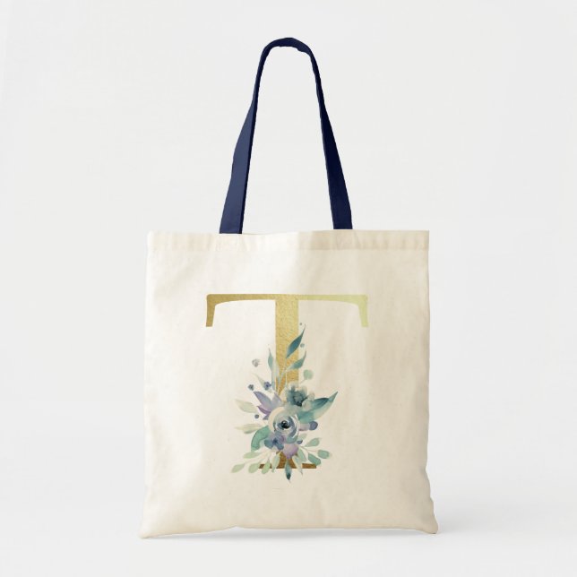 Golden Monogram Letter T Blue Watercolor Flowers Tote Bag (Front)