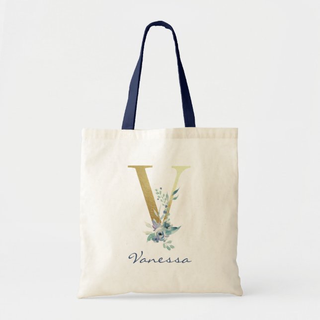 Golden Monogram Letter V Blue Name Floral Decor Tote Bag (Front)