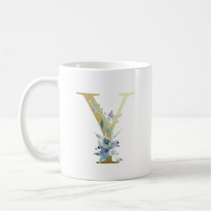 Golden Monogram Letter Y Blue Watercolor Flowers Coffee Mug