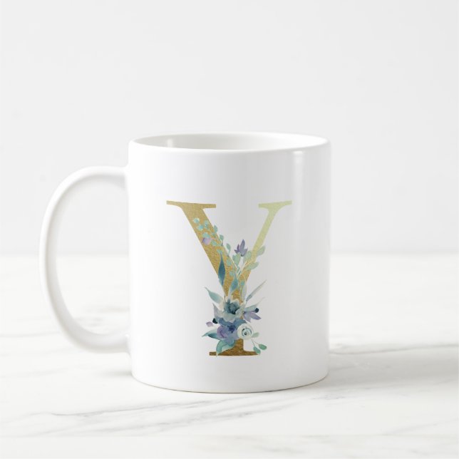 Golden Monogram Letter  Y Blue Watercolor Flowers Coffee Mug
