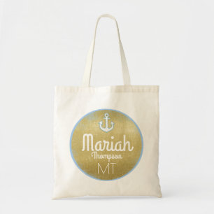 golden monogram nautical & personalized tote bag