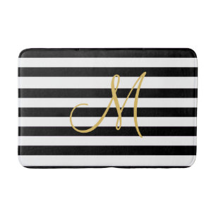 Golden Monogram on solid black and white stripes Bath Mat