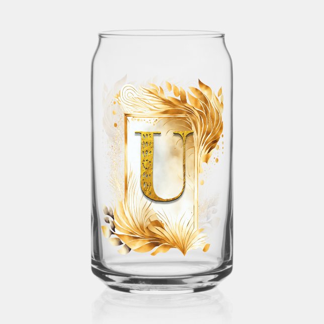 Golden Monogram U With Decorated Frame Can Glass (Front)