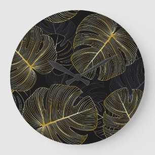 Golden monstera leaves, romantic seamless floral. large clock