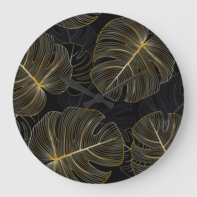 Golden monstera leaves, romantic seamless floral. large clock (Front)