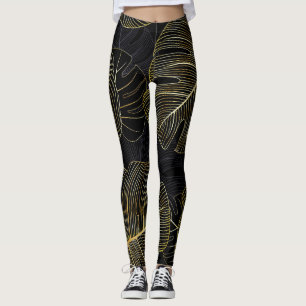 Golden monstera leaves, romantic seamless floral. leggings
