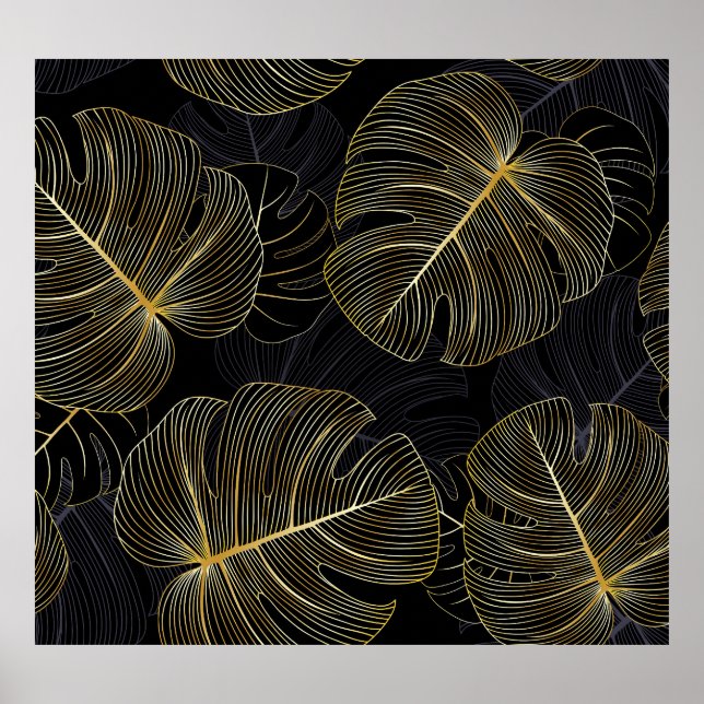 Golden monstera leaves, romantic seamless floral. poster (Front)