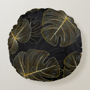 Golden monstera leaves, romantic seamless floral. round pillow