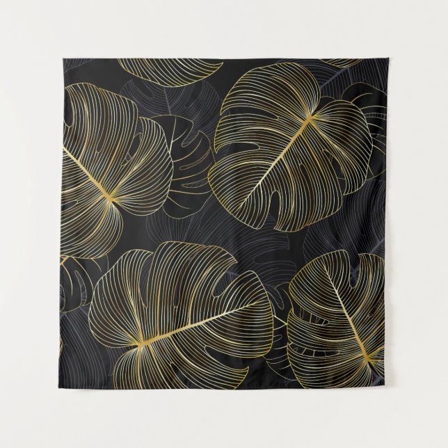 Golden monstera leaves, romantic seamless floral. tapestry (Front)