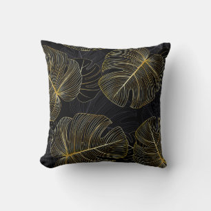 Golden monstera leaves, romantic seamless floral. throw pillow
