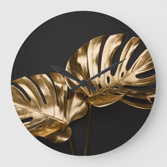 Golden Monstera: Luxurious Artistic Composition Large Clock (Front)