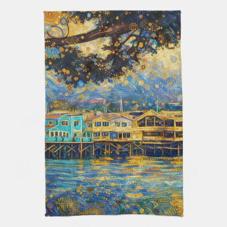 Golden Monterey Harbor Dreams Klimt-inspired Kitchen Towel