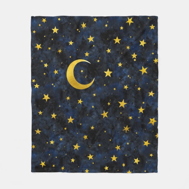 Golden Moon and Stars on Dark Blue Marble Fleece Blanket (Front)