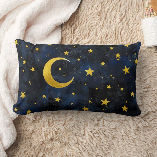 Golden Moon and Stars on Dark Blue Marble Lumbar Pillow (Blanket)