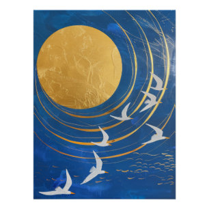 Golden Moon Birds Celestial Painting Poster