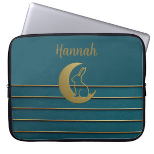 Golden Moon & Bunny on Teal Laptop Sleeve