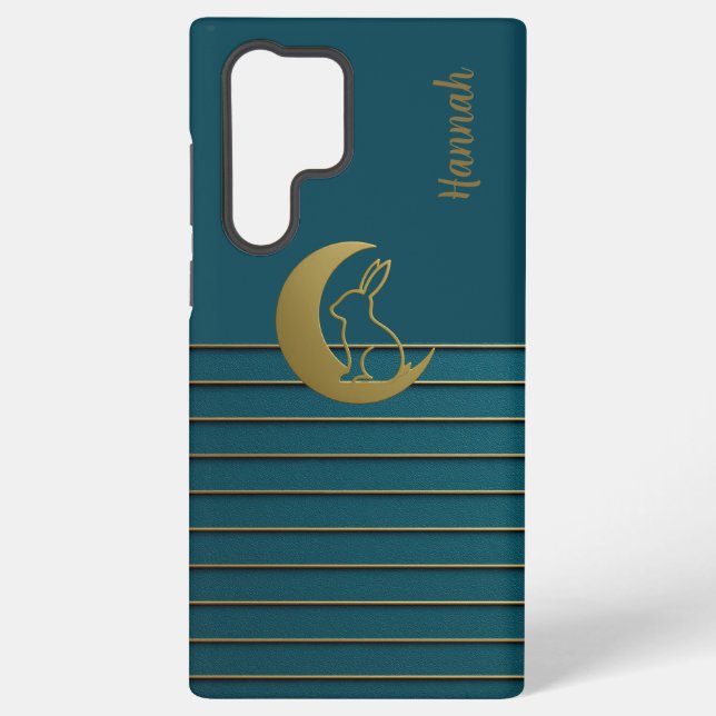 Golden Moon & Bunny on Teal Phone Case (Back)