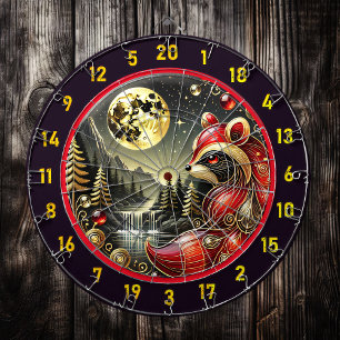 Golden Moon Highlights Bold Red Raccoon Dartboard