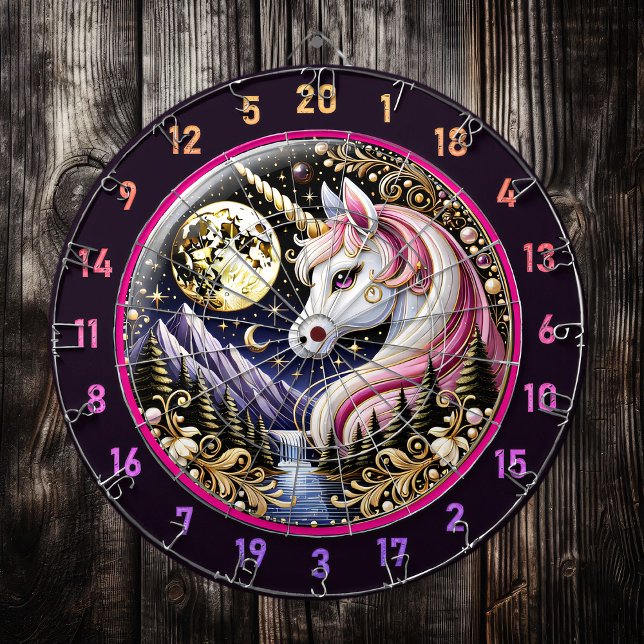 Golden Moon Illuminates Pink Unicorn Elegance Dartboard (Creator Uploaded)