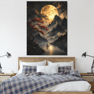 Golden Moon Mountain Landscape – Japanese Mystic W Canvas Print