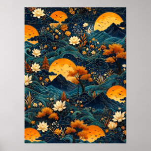 Golden Moon Mountain Night Sky Lotus Floral Pattrn Poster
