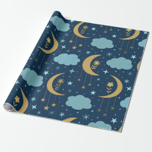 Golden Moon With Flowers and Clouds  Wrapping Paper