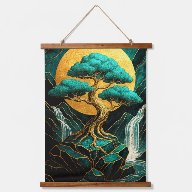 Golden Moonlight Bonsai Tree & Teal Waterfall Land Hanging Tapestry (Front)