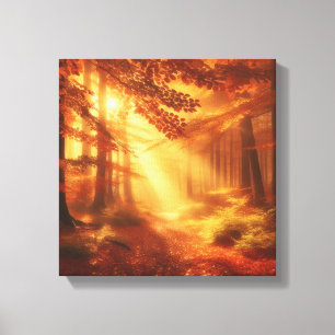 Golden Morning Path in Autumn Forest Canvas Art