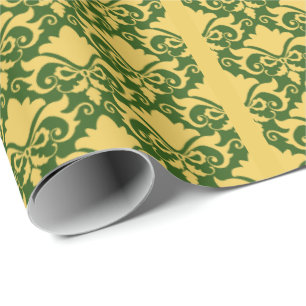 Golden Moss Damask Bows Wrapping Paper
