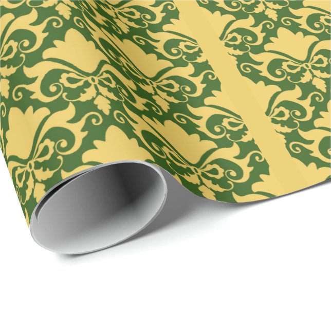 Golden Moss Damask Bows Wrapping Paper (Roll Corner)