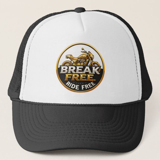Golden Motorcycle Emblem with Bold Text Trucker Hat (Front)