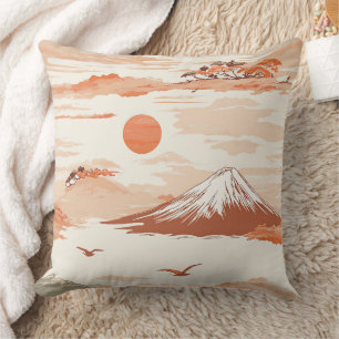 Golden Mount Fuji Sunrise Japan Watercolor Pattern Throw Pillow